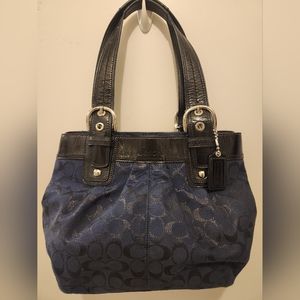 Coach Handbag Navy Jacquard with Black Patent Leather